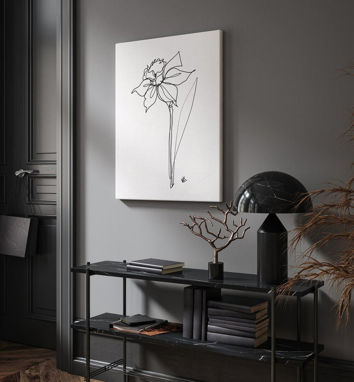 The Daffodil by Hanna Lee Tidd Line Art Paintings Line Art Prints in Gallery Wrap placed on a wall behind a table and beside a door