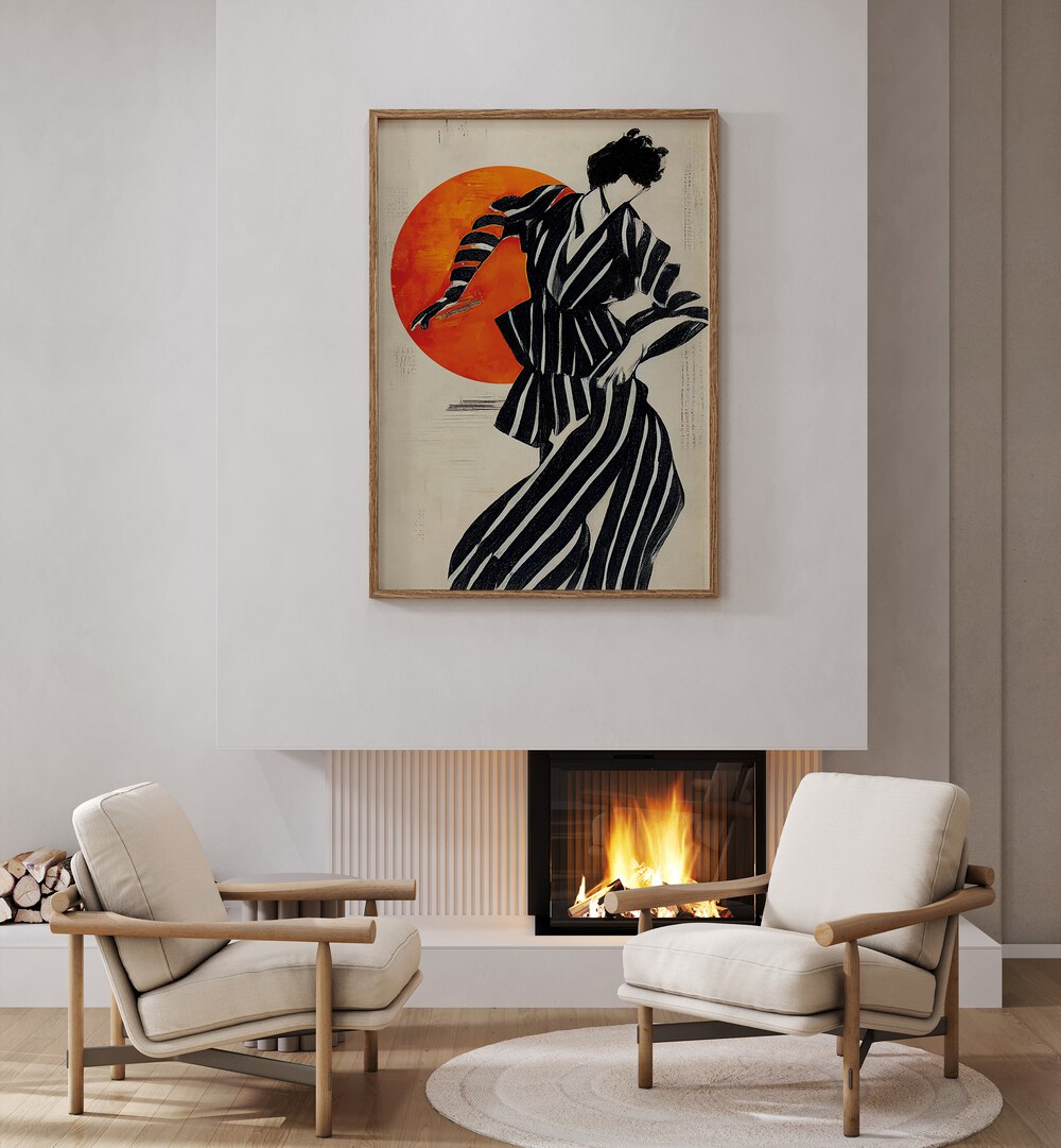 The Dancer By Treechild Women Illustration Paintings in Oak Wood Plain Frame placed on a White Colored Wall above a Fire Place in the Drawing Room