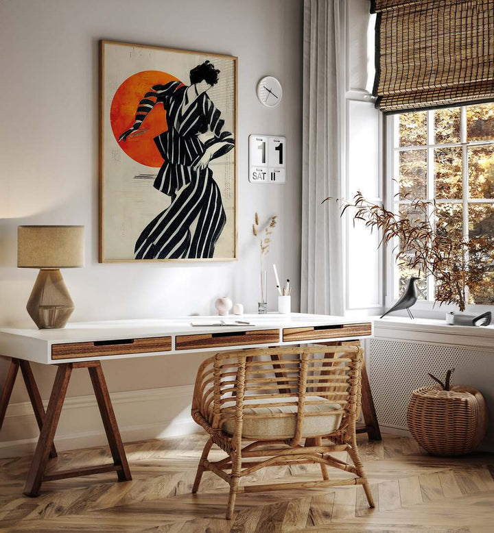 The Dancer By Treechild Women Illustration Paintings in Oak Wood Plain Frame placed on a White Colored Wall near a Table in a Workspace in the Drawing Room