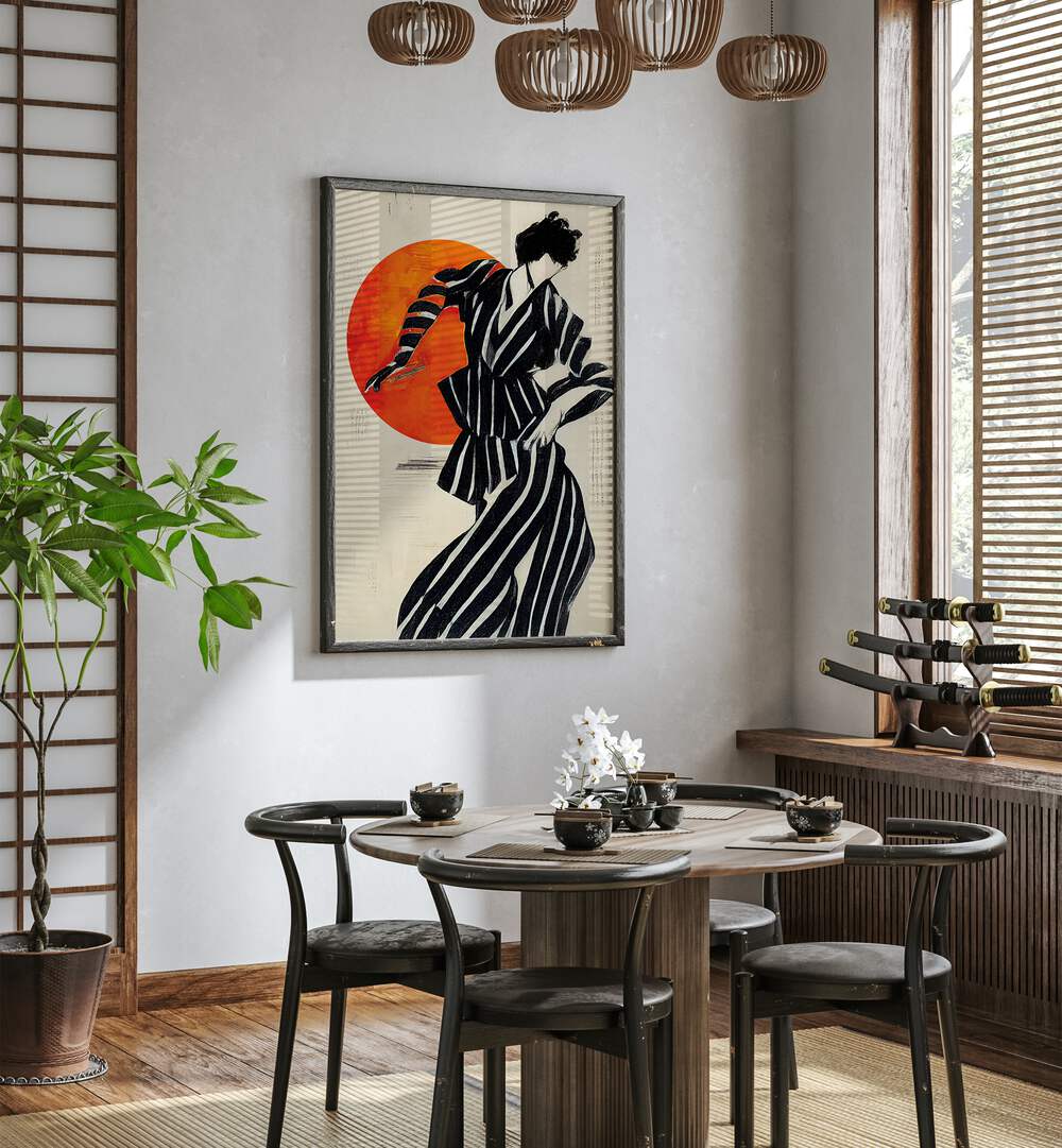 The Dancer By Treechild Women Illustration Paintings in Dark Wood Plain Frame placed on a White Colored Wall near a Coffee Table in the Dining Room