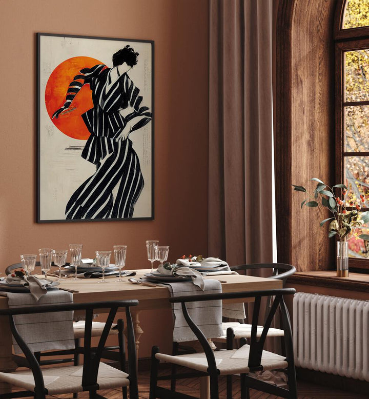 The Dancer By Treechild Women Illustration Paintings in Black Plain Frame placed on a Brown Colored Wall near a Dining Table in the Dining Room