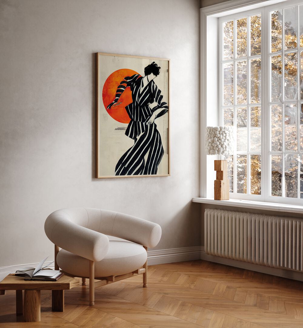 The Dancer By Treechild Women Illustration Paintings in Oak Wood Plain Frame placed on a Cream Colored Wall in the Drawing Room