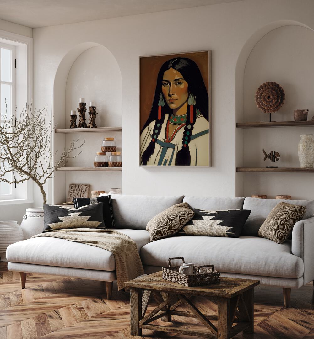 The Daughter Of Ashok By Treechild Women Illustration Paintings in Oak Wood Plain Frame placed on a White Colored Wall near a White Sofa in the Living Room