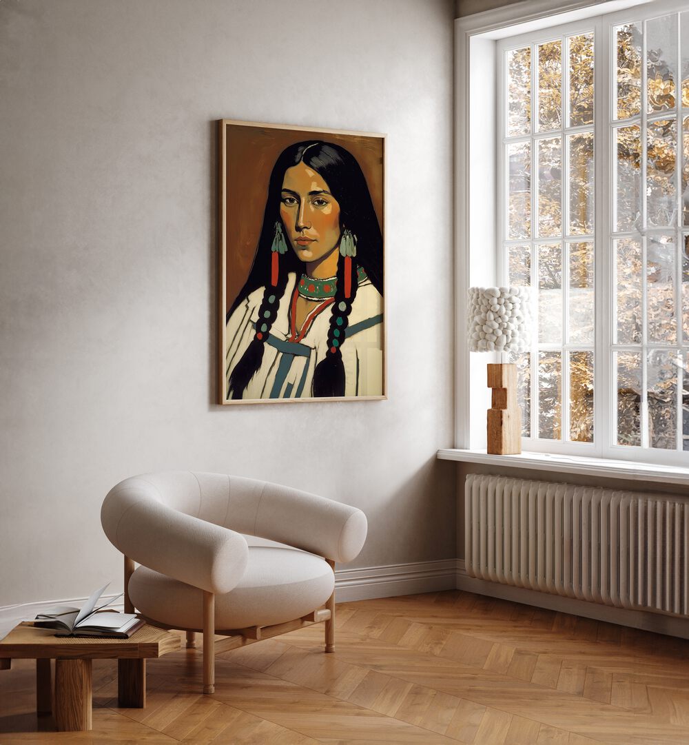 The Daughter Of Ashok By Treechild Women Illustration Paintings in Oak Wood Plain Frame placed on a Cream Colored Wall in the Drawing Room