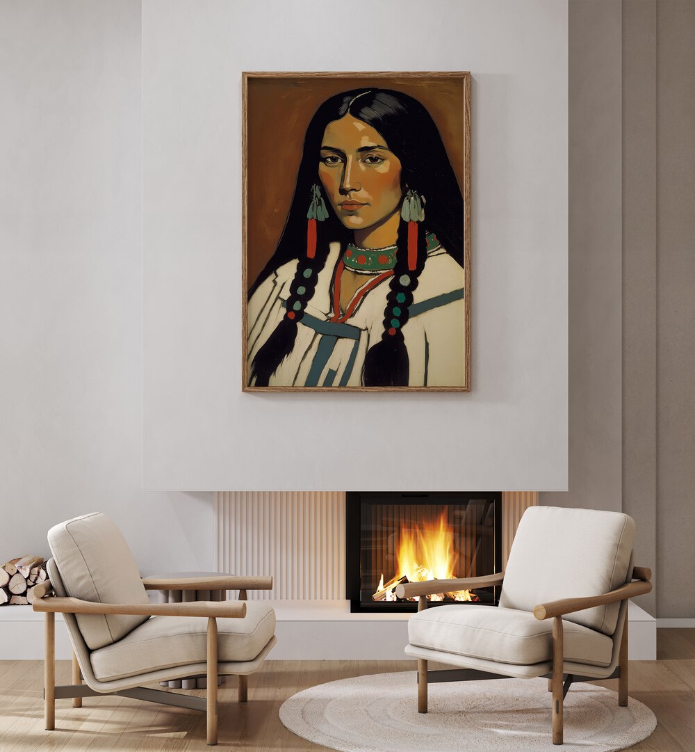 The Daughter Of Ashok By Treechild Women Illustration Paintings in Oak Wood Plain Frame placed on a White Colored Wall above a Fire place in the Drawing Room