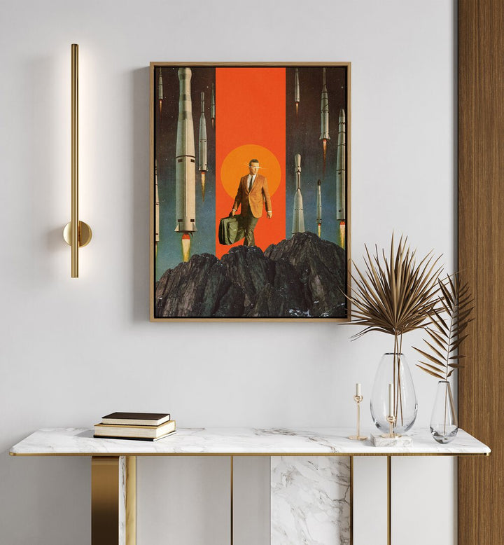 The Departure By Frank Moth Surreal Art Prints Surrealism in Oak Wood Floater Frame placed on a wall behind a white table