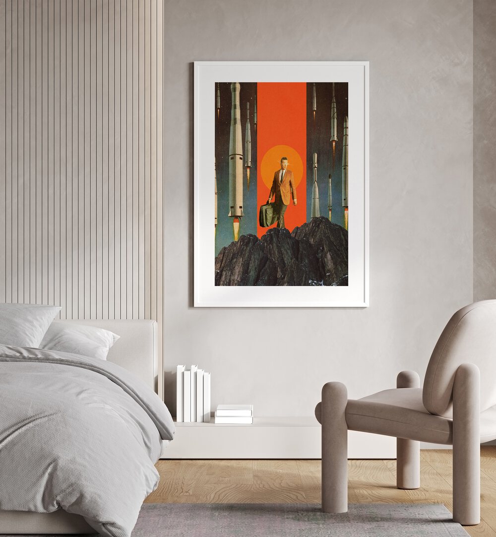 The Departure By Frank Moth Surreal Art Prints Surrealism in White Frame With Mount placed on a wall beside a bed for bedroom