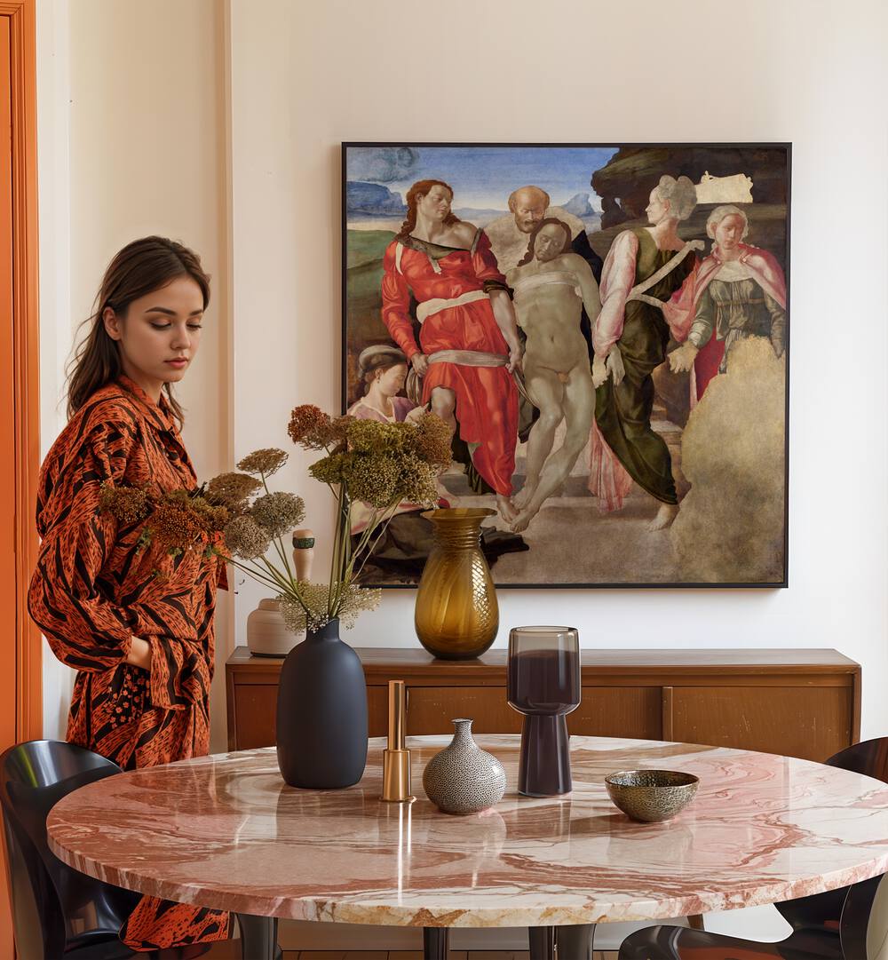 The Entombment 1500 Vintage Paintings in Black Plain Frame placed on a beige wall behind a dining table