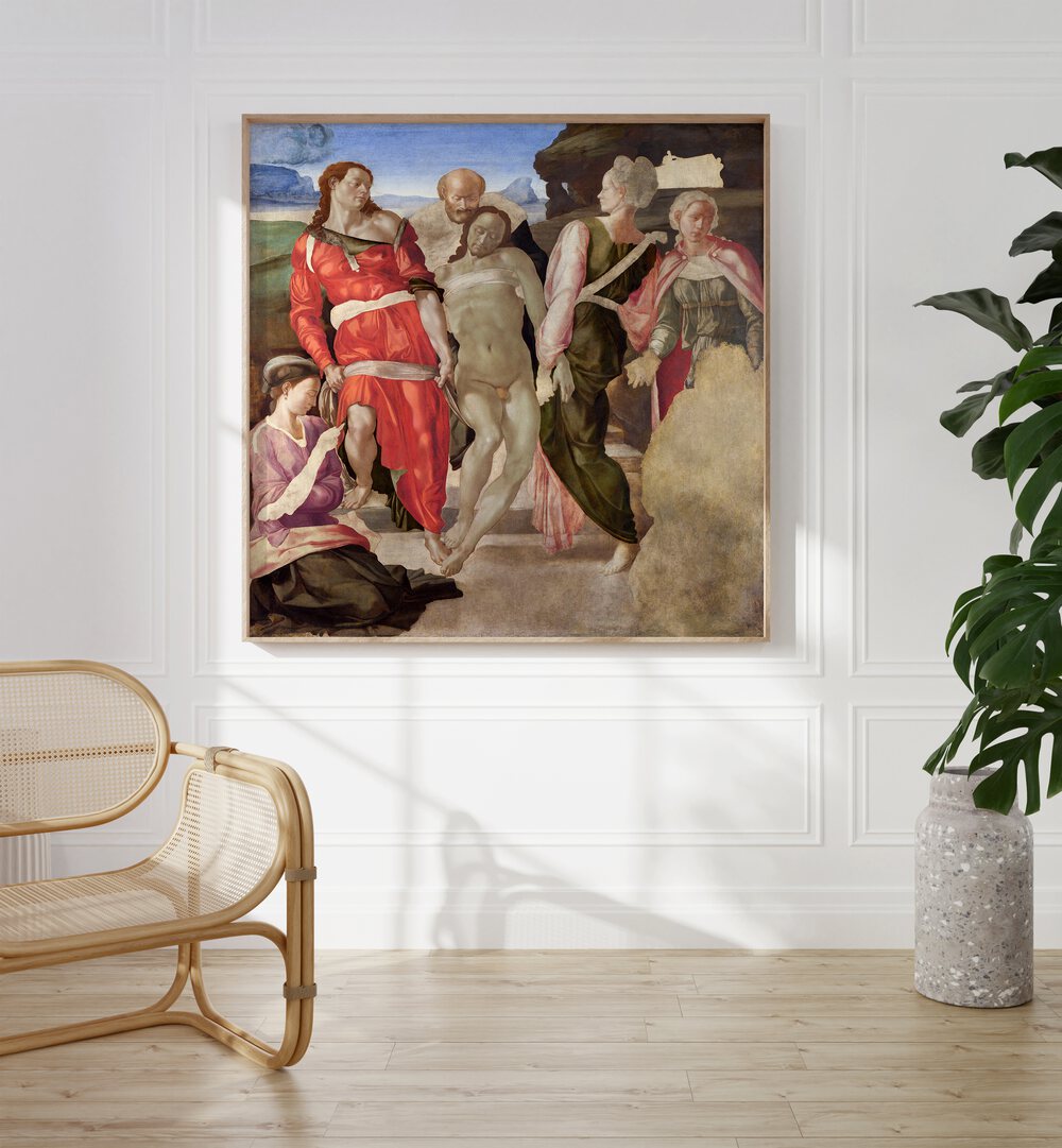 The Entombment 1500 Vintage Paintings in Oak Wood Plain Frame placed on a wall between a chair and a plant