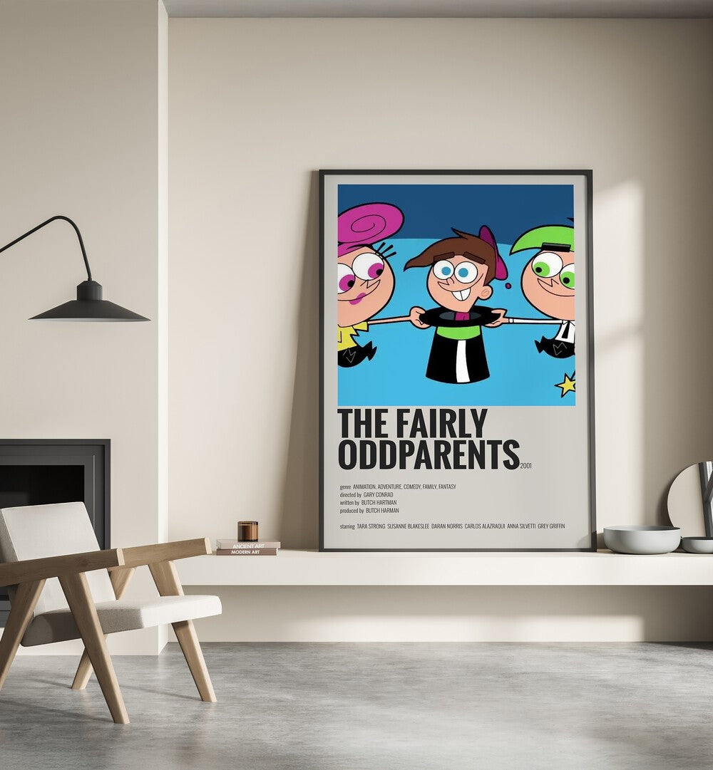 The Fairly Odd Parents 2001 Movie Posters in Black Plain Frame placed on a shelf beside a hearth