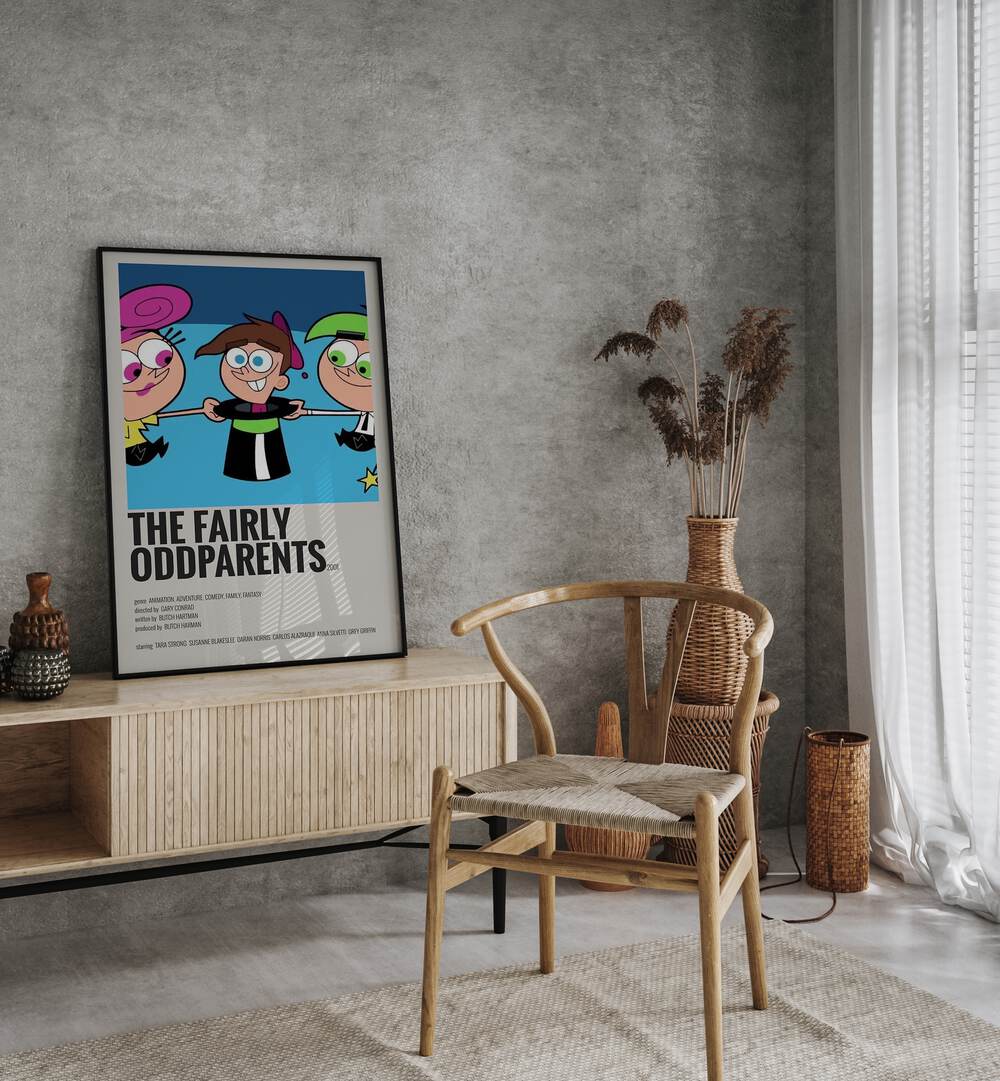 The Fairly Odd Parents 2001 Movie Posters in Black Plain Frame placed on a console behind a chair