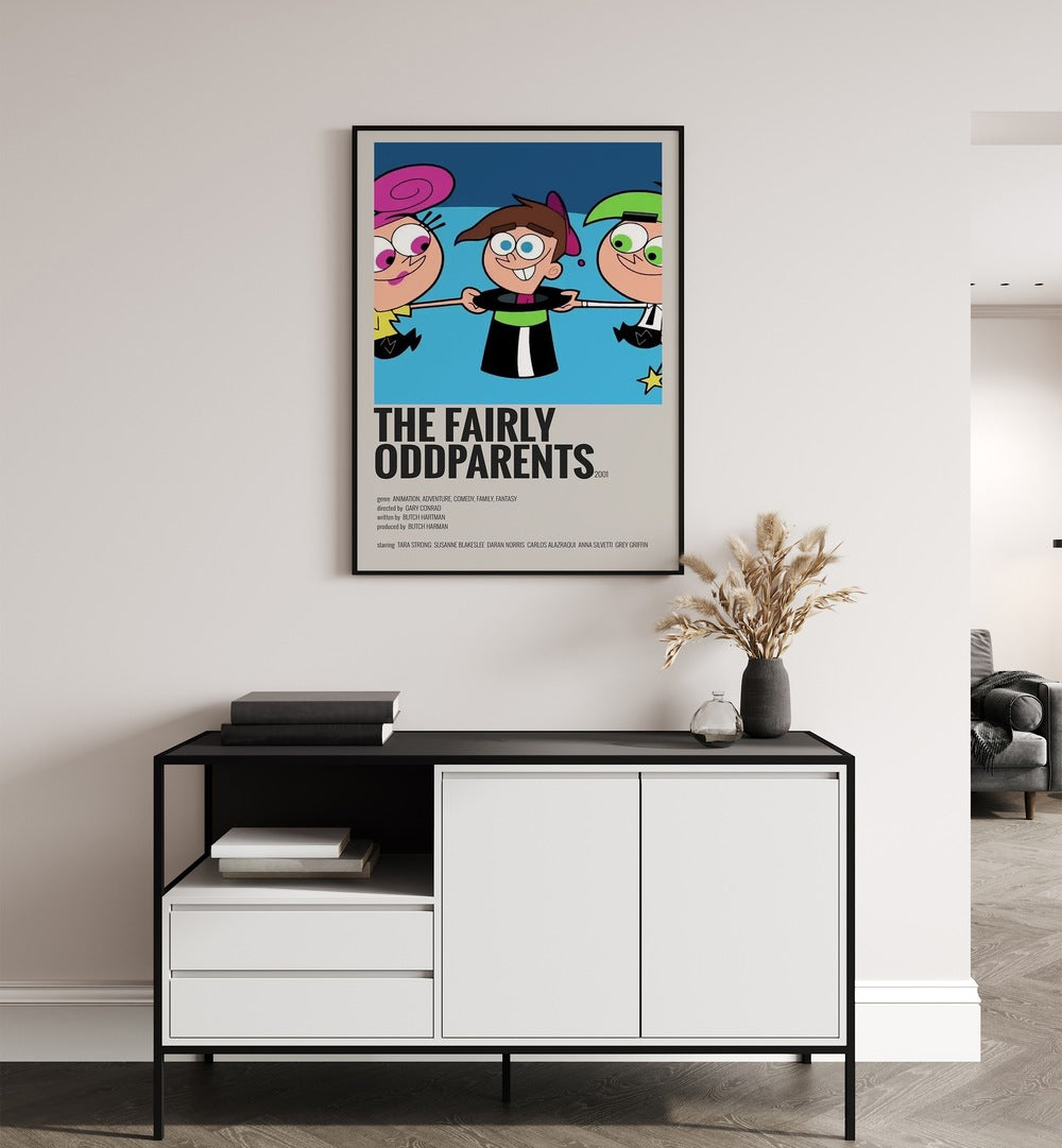 The Fairly Odd Parents 2001 Movie Posters in Black Plain Frame placed on a white wall behind a table