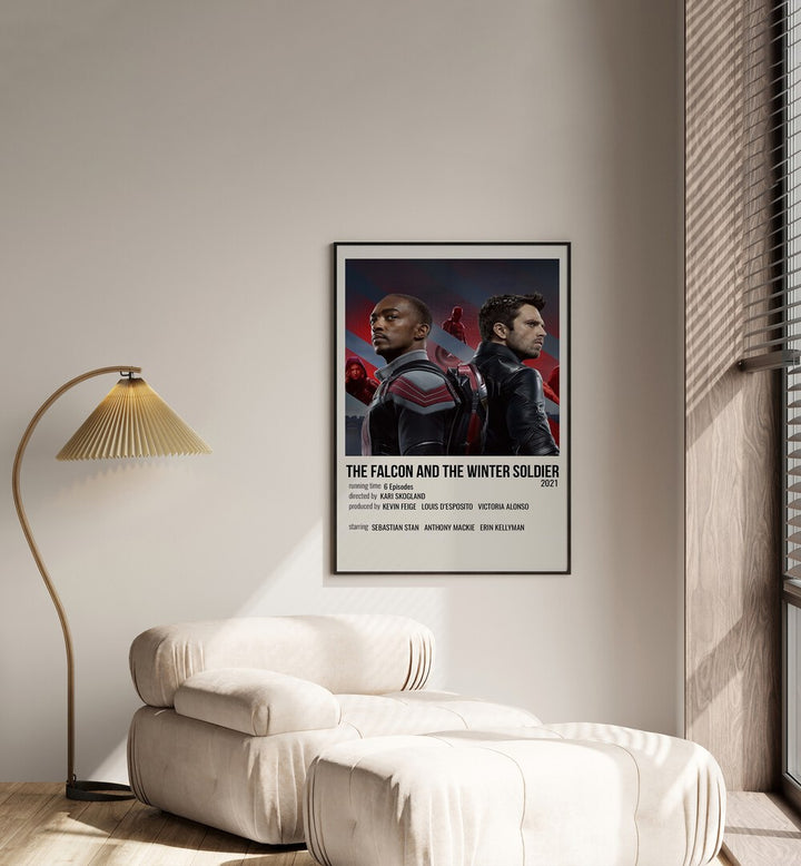 The Falcon And The Winter Soldier Movie Posters in Black Plain Frame placed on a white wall beside a window and behind a sofa