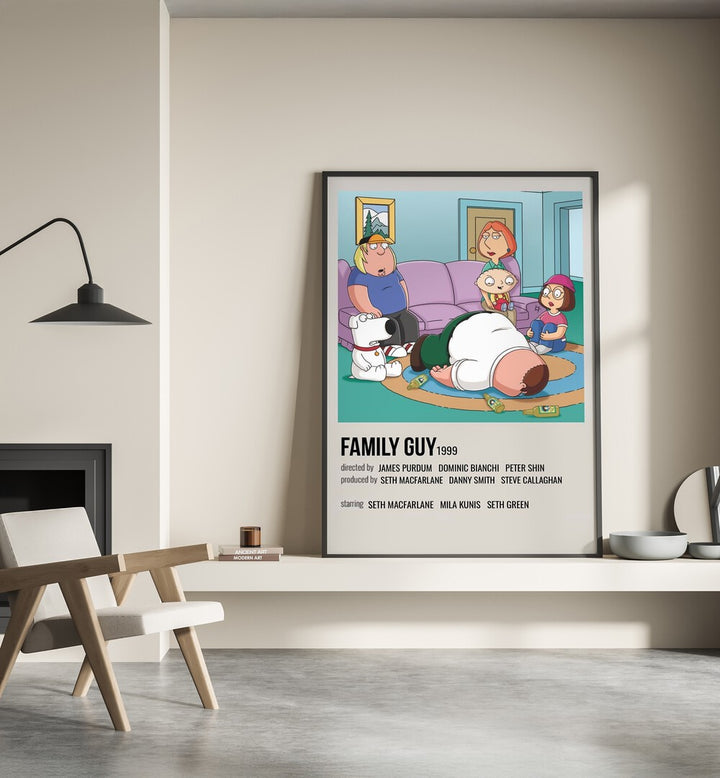 The Family Guy 1999 I Movie Posters in Black Plain Frame placed on a shelf beside a hearth