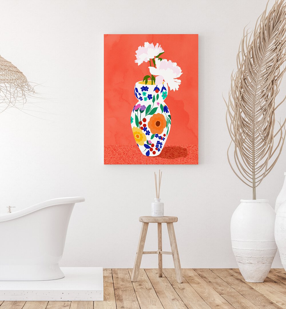 The Flower Pot By Uma Gokhale Botanical Art Prints in Gallery Wrap on a white wall beside a plant