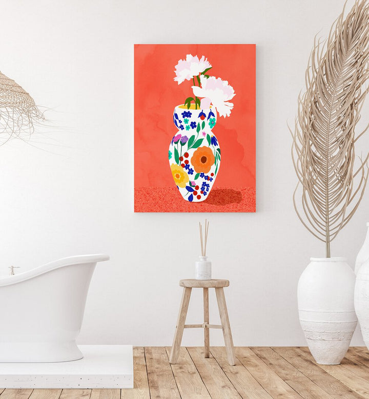 The Flower Pot By Uma Gokhale Botanical Art Prints in Gallery Wrap on a white wall beside a plant