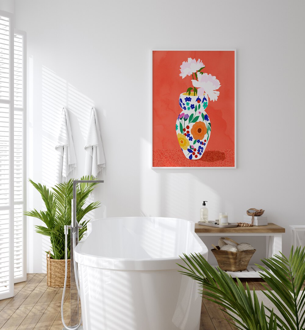 The Flower Pot By Uma Gokhale Botanical Art Prints in White Plain Frame on a white wall behind a bath tub for bathroom