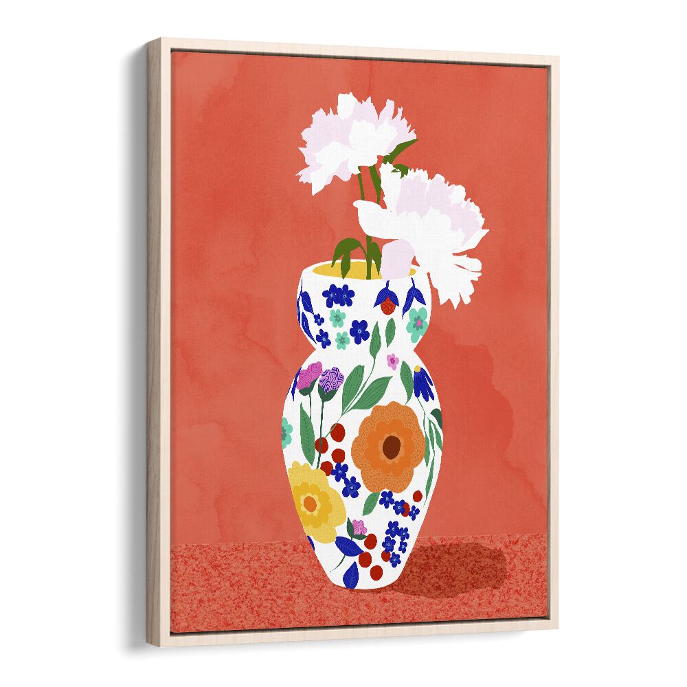 The Flower Pot By Uma Gokhale Botanical Art Prints in Oak Wood Floater Frame