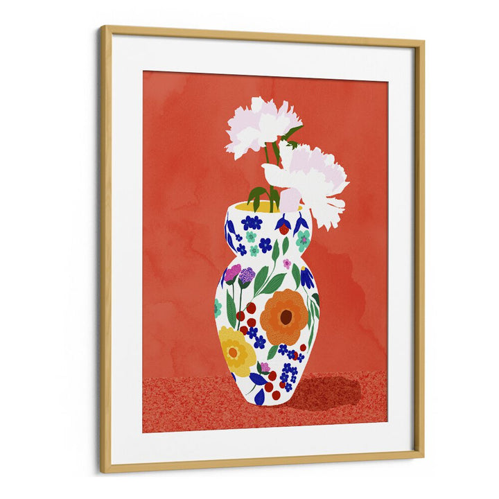 The Flower Pot By Uma Gokhale Botanical Art Prints in Oak Wood Frame With Mount