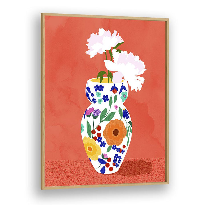 The Flower Pot By Uma Gokhale Botanical Art Prints in Oak Wood Plain Frame