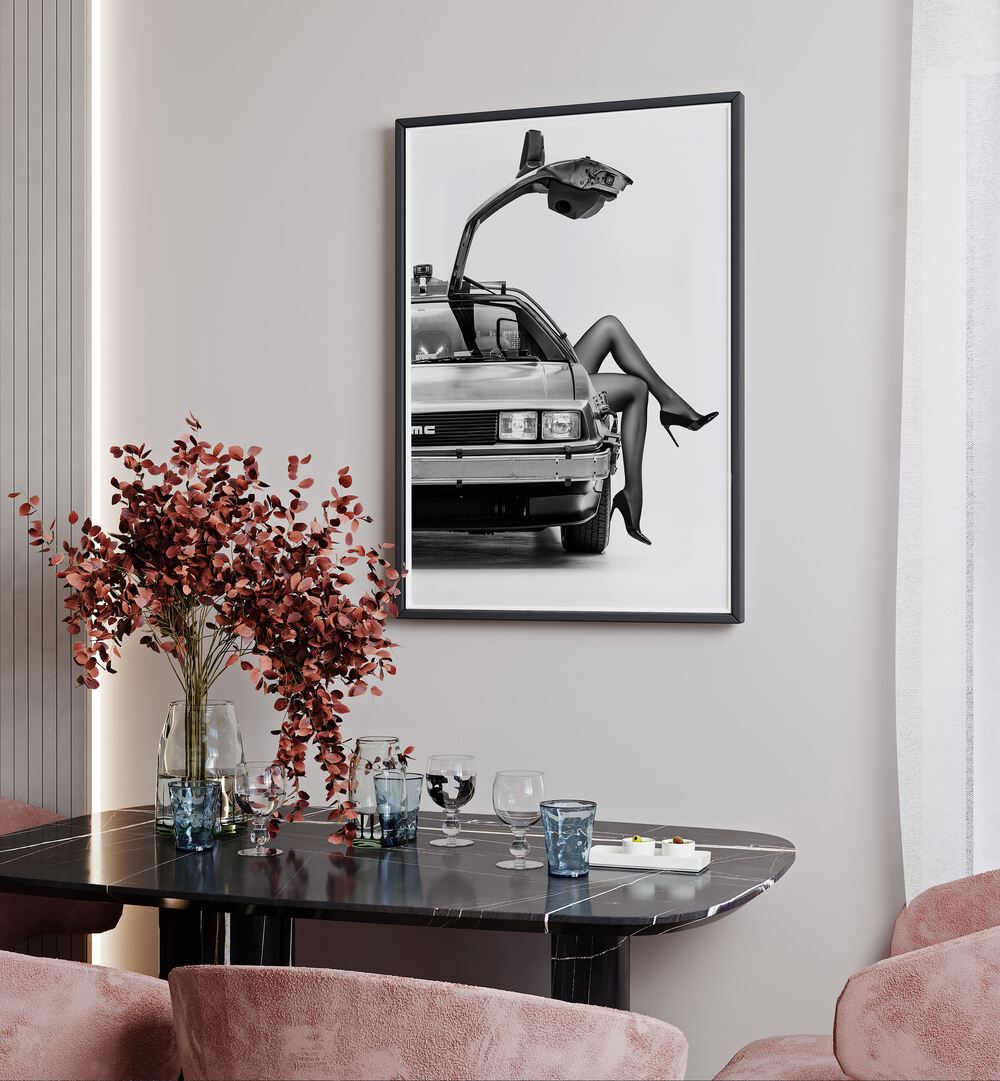 The Future is Female I by David Drake Fine Art Photography Fashion Photography in Black Plain Frame placed on a wall behind a dining table  for dining area