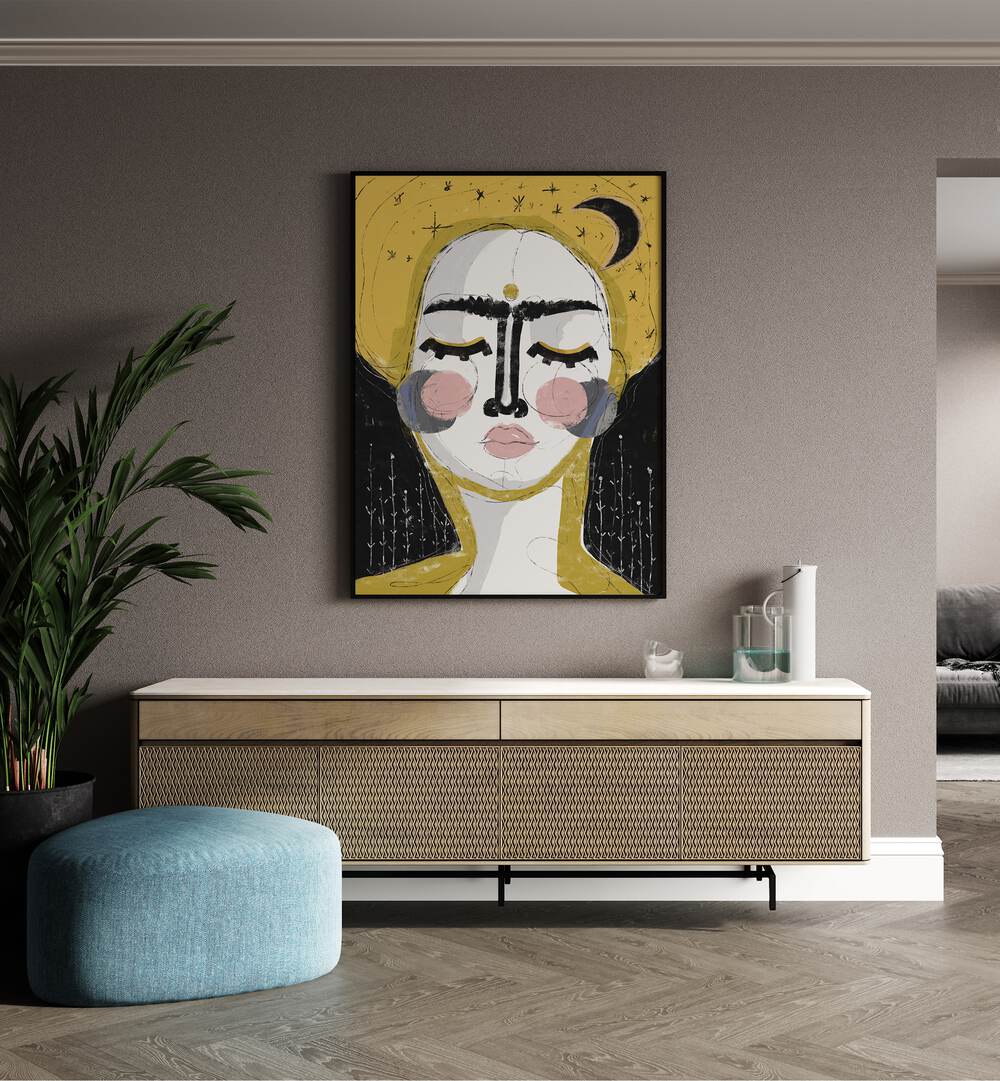 The Goddess of the Night by Treechild Women Illustration Paintings in Black Plain Frame placed on a wall behind a console table