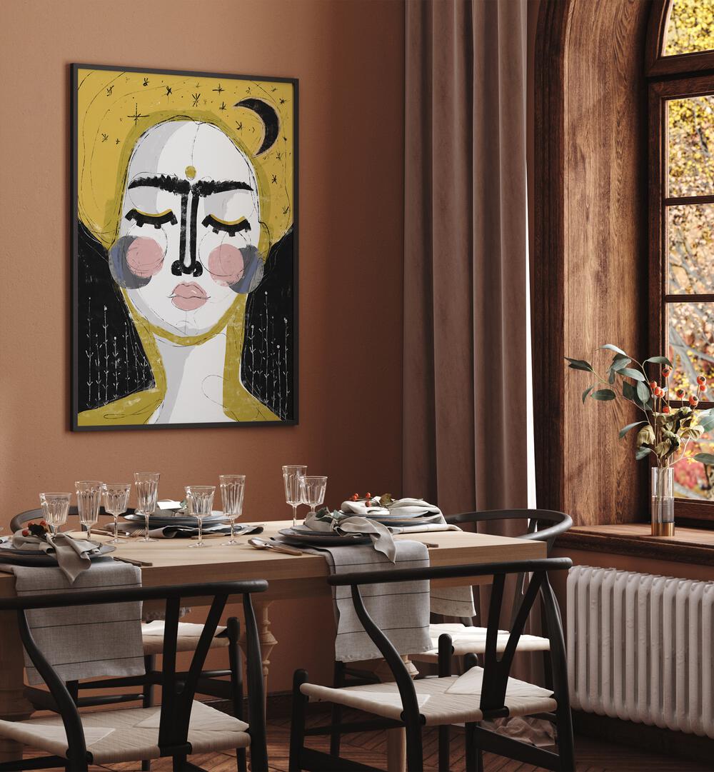 The Goddess of the Night by Treechild Women Illustration Paintings in Black Plain Frame placed on a wall behind a dining table