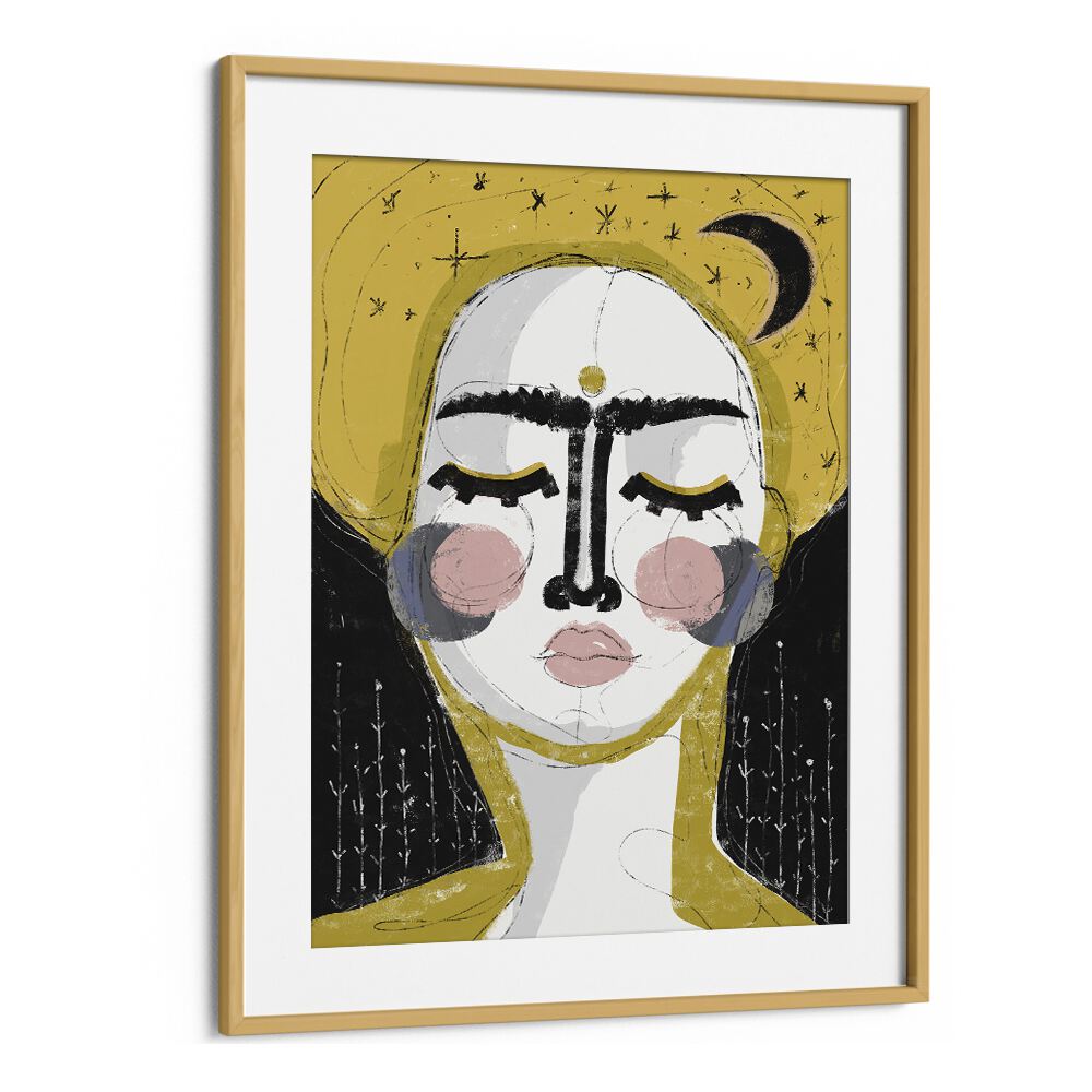 The Goddess of the Night by Treechild Women Illustration Paintings in Oak Wood Frame With Mount