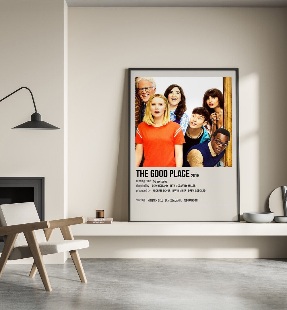 The Good Place 2016 Movie Posters in Black Plain Frame placed on a shelf beside a hearth