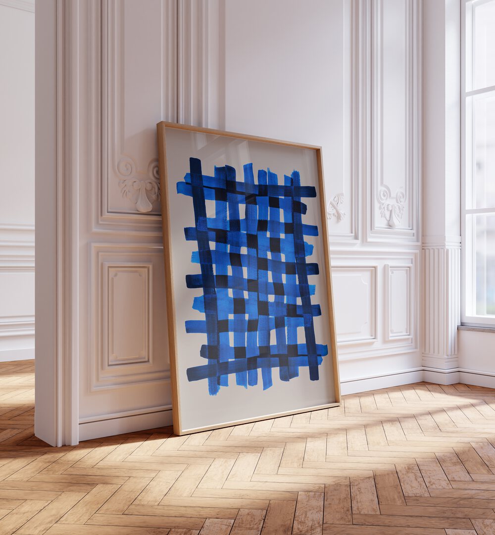 The Grid V By Mareike Bohmer Abstract Art Abstract Paintings in Oak Wood Plain Frame placed on the floor in the Living Room