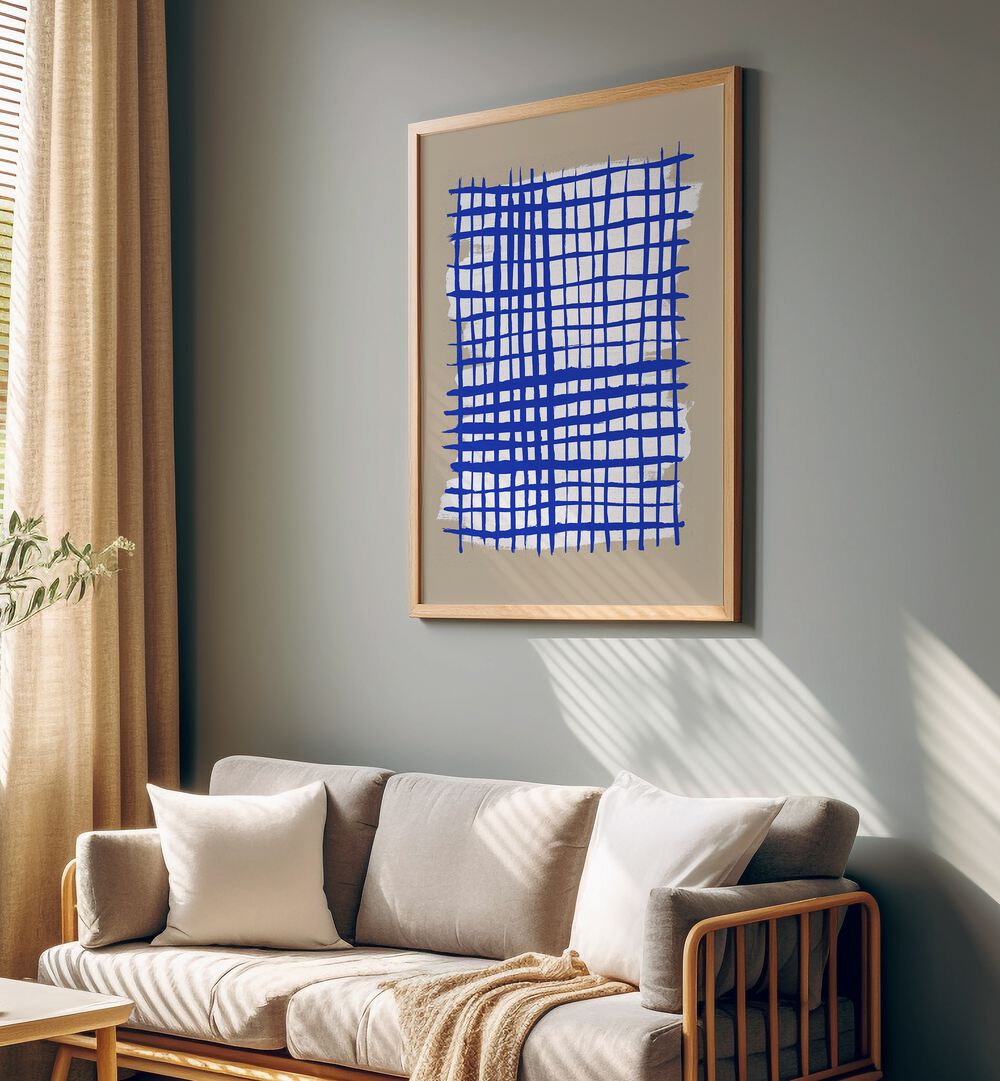 The Grid VIII By Mareike Bohmer Abstract Art Abstract Paintings in Oak Wood Plain Frame placed on a Grey Colored Wall in the Living Room