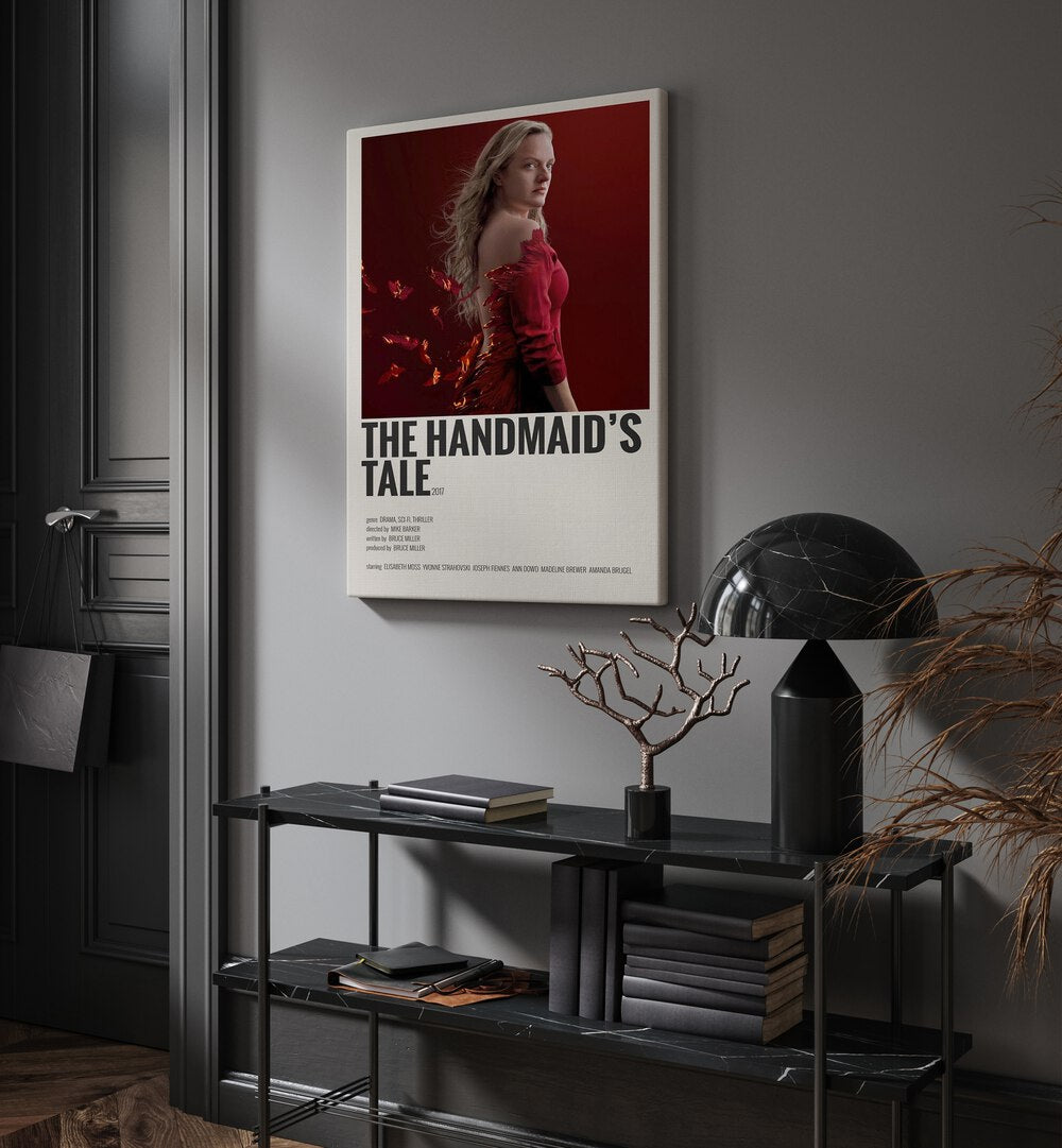 The Handmaids Tale 2017 Movie Posters in Gallery Wrap placed on a wall behind a table and beside a door