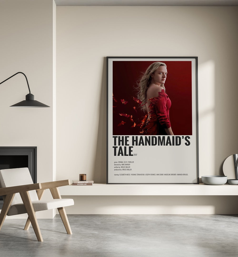 The Handmaids Tale 2017 Movie Posters in Black Plain Frame placed on a shelf beside a hearth