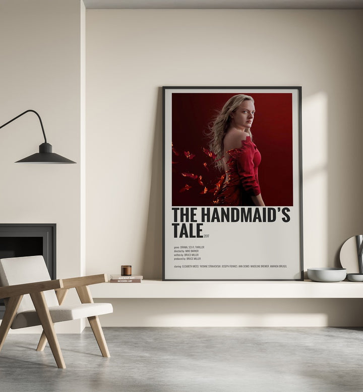 The Handmaids Tale 2017 Movie Posters in Black Plain Frame placed on a shelf beside a hearth