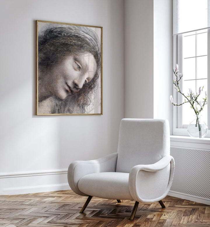 The Head Of The Virgin C.1510–1513 Vintage Paintings in Oak Wood Plain Frame behind a white chair and beside a winow