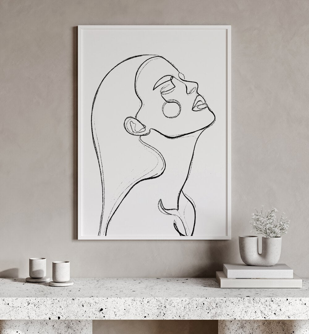 The Heat by Treechild Line Art Paintings in White Plain Frame placed on a wall behind a table