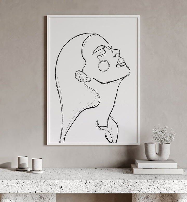 The Heat by Treechild Line Art Paintings in White Plain Frame placed on a wall behind a table