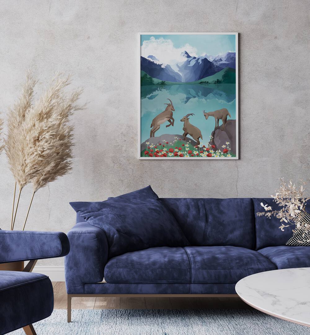 The Hills Are Alive By Goed Blauw Kids Room Art in White Plain Frame placed on a Grey Colored Wall  near a Blue Sofa in the Living Room