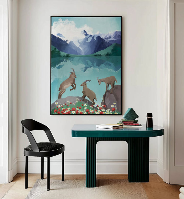 The Hills Are Alive By Goed Blauw Kids Room Art in Black Plain Frame placed on a Cream Colored Wall above a Table in the Drawing Room