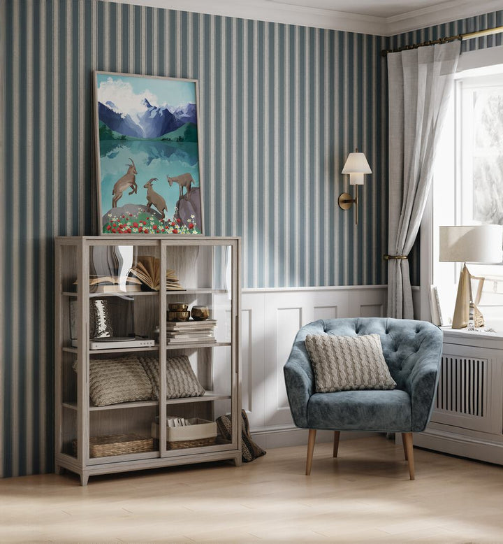 The Hills Are Alive By Goed Blauw Kids Room Art in Oak Wood Plain Frame placed on a Cabinet near a Blue and Grey Striped Wall in the Drawing Room