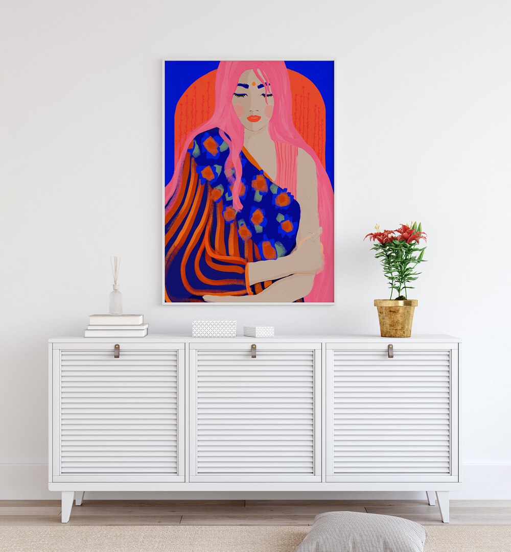 The Inner Peace by Treechild Women Illustration Paintings in White Plain Frame on a white wall behind a console table