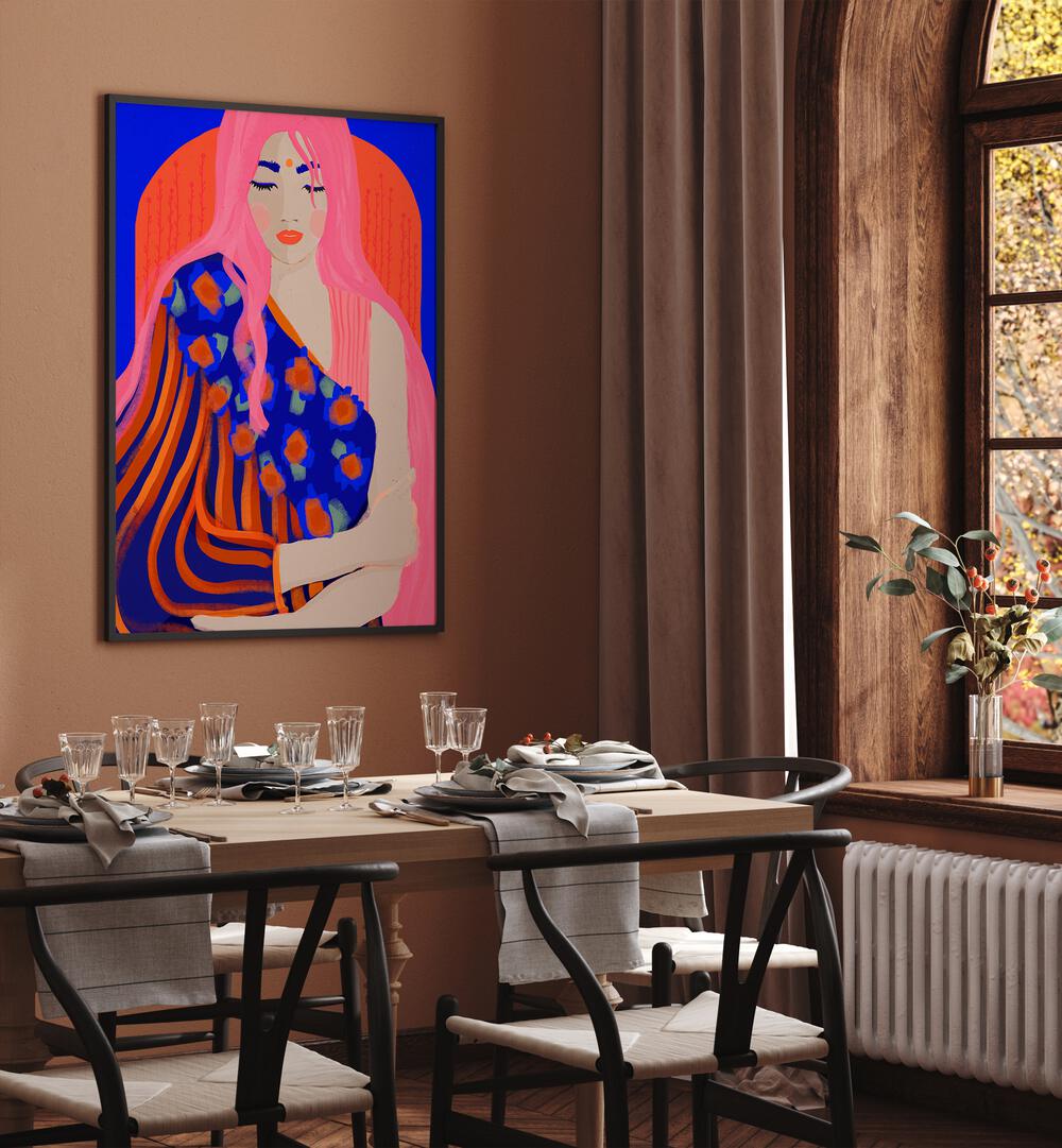 The Inner Peace by Treechild Women Illustration Paintings in Black Plain Frame on a wall placed behind a dining table