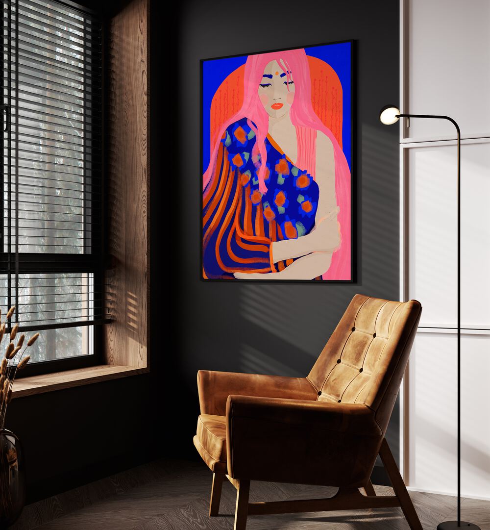 The Inner Peace by Treechild Women Illustration Paintings in Black Plain Frame placed on a wall beside an orange sofa