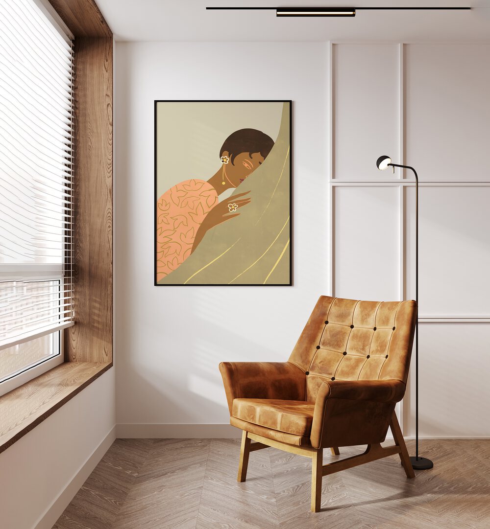 The Introvert By Arty Guava Wall Art Prints in Black Plain Frame placed on a White Colored Wall above a Console Table in the Drawing Room 