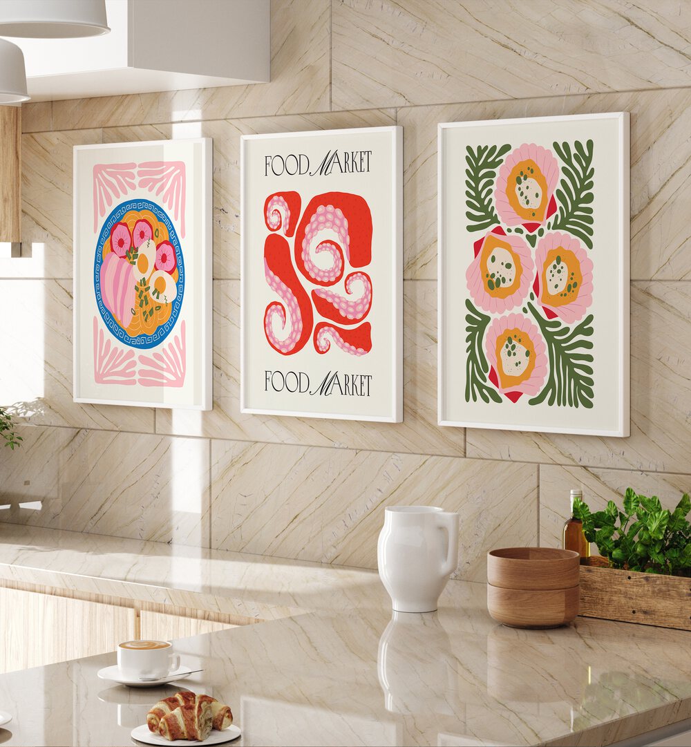 The Kitchen Set Set Of 3 Paintings in White Plain Frame placed on a wall above a kitchen counter for kitchen