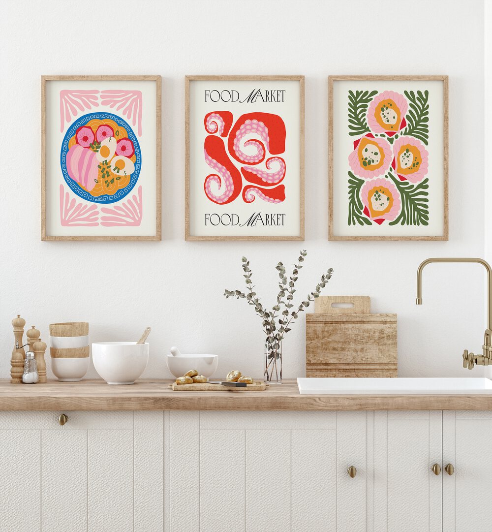 The Kitchen Set Set Of 3 Paintings in Oak Wood Plain Frame placed on a wall above a kitchen counter for kitchen