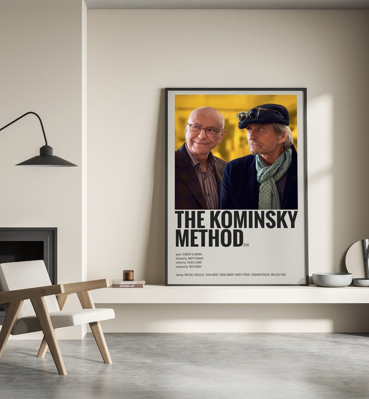 The Kominsky Method 2018 Movie Posters in Black Plain Frame placed on a shelf beside a hearth