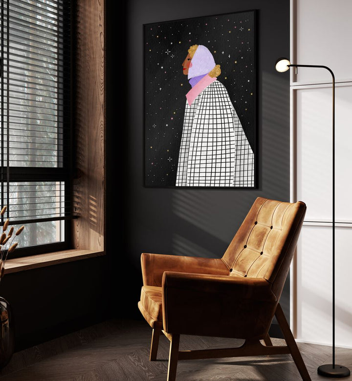 The Lady With The Stars By Bea Muller Women Illustration Paintings in Black Plain Frame on a wall beside an orange sofa