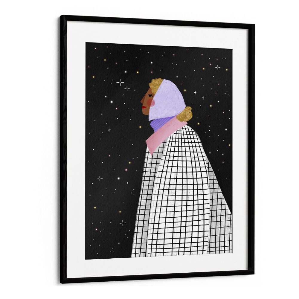 The Lady With The Stars By Bea Muller Women Illustration Paintings in Black Frame With Mount