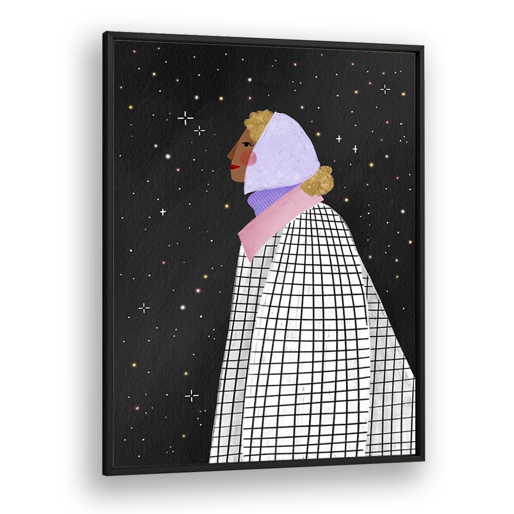 The Lady With The Stars By Bea Muller Women Illustration Paintings in Black Plain Frame